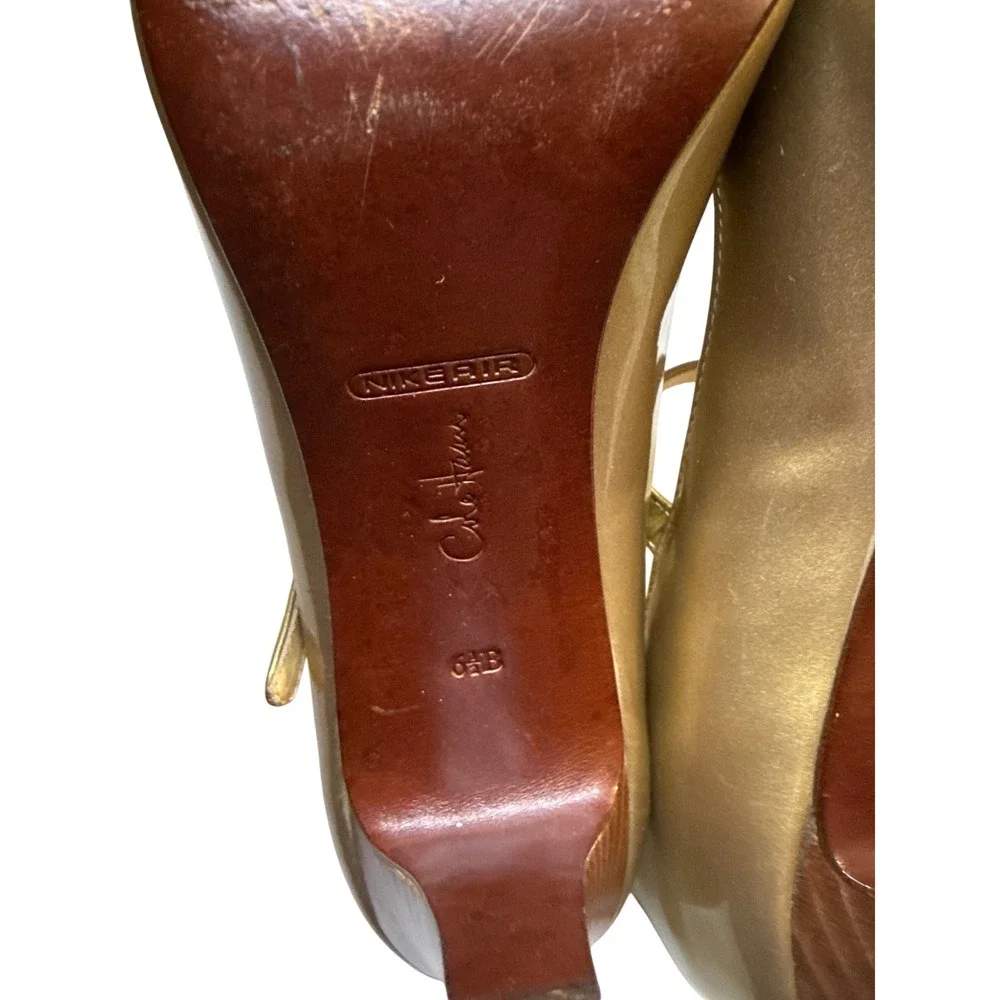 Cole Haan Peep Toe Mary Jane Heels Gold Metallic Patent Leather Buckle Shoes 6.5